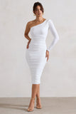 In The Shadows White One Shoulder Midi Dress With Ruching