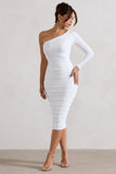 In The Shadows White One Shoulder Midi Dress With Ruching
