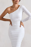 In The Shadows White One Shoulder Midi Dress With Ruching