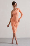 In The Shadows Coral One Sleeve Midi Dress With Ruching