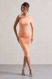 In The Shadows Coral One Sleeve Midi Dress With Ruching