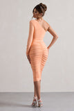 In The Shadows Coral One Sleeve Midi Dress With Ruching