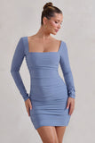 Muse Cornflower Blue Long Sleeve Square Neck Ruched Mini Dress