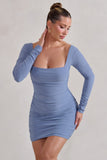 Muse Cornflower Blue Long Sleeve Square Neck Ruched Mini Dress