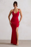 Love Shy Red Plunge Neck Maxi Dress With Split Detail