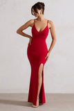 Love Shy Red Plunge Neck Maxi Dress With Split Detail