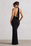 Glamour Black Backless V Plunge Halter Neck Maxi Dress With Side Split