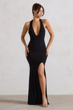 Glamour Black Backless V Plunge Halter Neck Maxi Dress With Side Split