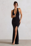 Glamour Black Backless V Plunge Halter Neck Maxi Dress With Side Split