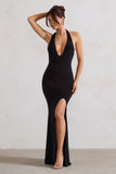 Glamour Black Backless V Plunge Halter Neck Maxi Dress With Side Split