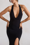 Glamour Black Backless V Plunge Halter Neck Maxi Dress With Side Split
