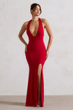 Glamour Red Backless V Plunge Halter Neck Maxi Dress With Side Split