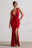 Glamour Red Backless V Plunge Halter Neck Maxi Dress With Side Split