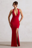 Glamour Red Backless V Plunge Halter Neck Maxi Dress With Side Split