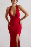 Glamour Red Backless V Plunge Halter Neck Maxi Dress With Side Split