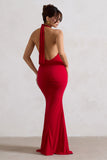 Glamour Red Backless V Plunge Halter Neck Maxi Dress With Side Split