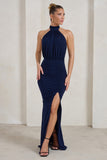 Forever Dreaming Navy Backless Halterneck Ruched Split Maxi Dress