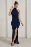 Forever Dreaming Navy Backless Halterneck Ruched Split Maxi Dress