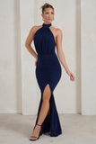Forever Dreaming Navy Backless Halterneck Ruched Split Maxi Dress