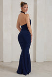Forever Dreaming Navy Backless Halterneck Ruched Split Maxi Dress