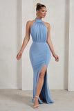 Forever Dreaming Powder Blue Backless Halterneck Ruched Split Maxi Dress