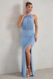 Forever Dreaming Powder Blue Backless Halterneck Ruched Split Maxi Dress