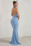 Forever Dreaming Powder Blue Backless Halterneck Ruched Split Maxi Dress