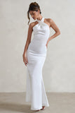 Unbeatable White Satin Cross Over Halter-Neck Maxi Dress