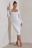 Seductress White Long Sleeve Square Neck Ruched Midi Dress