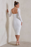 Seductress White Long Sleeve Square Neck Ruched Midi Dress