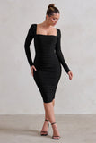 Seductress Black Long Sleeve Square Neck Ruched Midi Dress