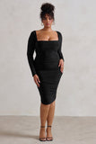 Seductress Black Long Sleeve Square Neck Ruched Midi Dress