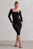 Seductress Black Long Sleeve Square Neck Ruched Midi Dress