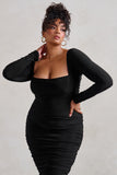 Seductress Black Long Sleeve Square Neck Ruched Midi Dress