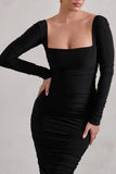 Seductress Black Long Sleeve Square Neck Ruched Midi Dress
