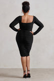 Seductress Black Long Sleeve Square Neck Ruched Midi Dress