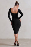 Seductress Black Long Sleeve Square Neck Ruched Midi Dress