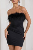 Stop The Show Black Feather Trim Bandeau Mini Dress