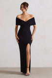Refined Black Twist Front Bardot Maxi Dress