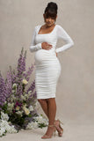 New Life White Maternity Square Neck Ruched Midi Dress