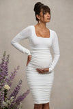 New Life White Maternity Square Neck Ruched Midi Dress