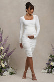 New Life White Maternity Square Neck Ruched Midi Dress