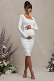 New Life White Maternity Square Neck Ruched Midi Dress