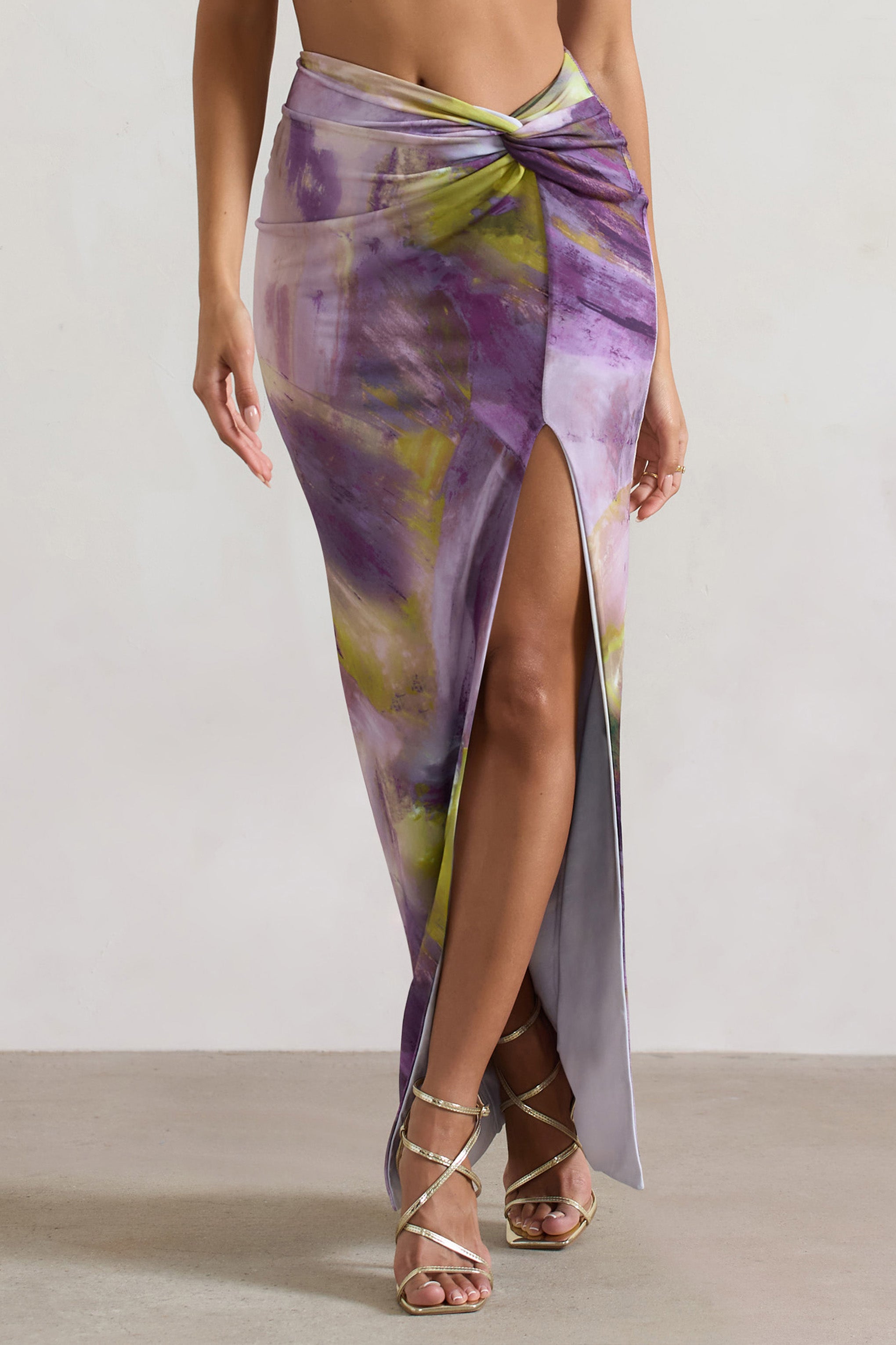 Tender Kiss Lilac Print Knot Split Maxi Skirt