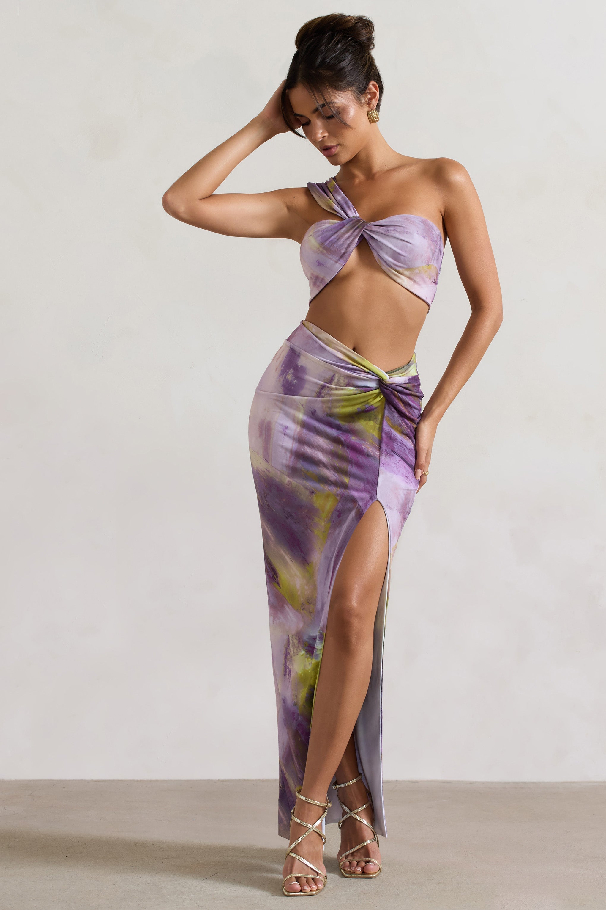 Tender Kiss Lilac Print Knot Split Maxi Skirt