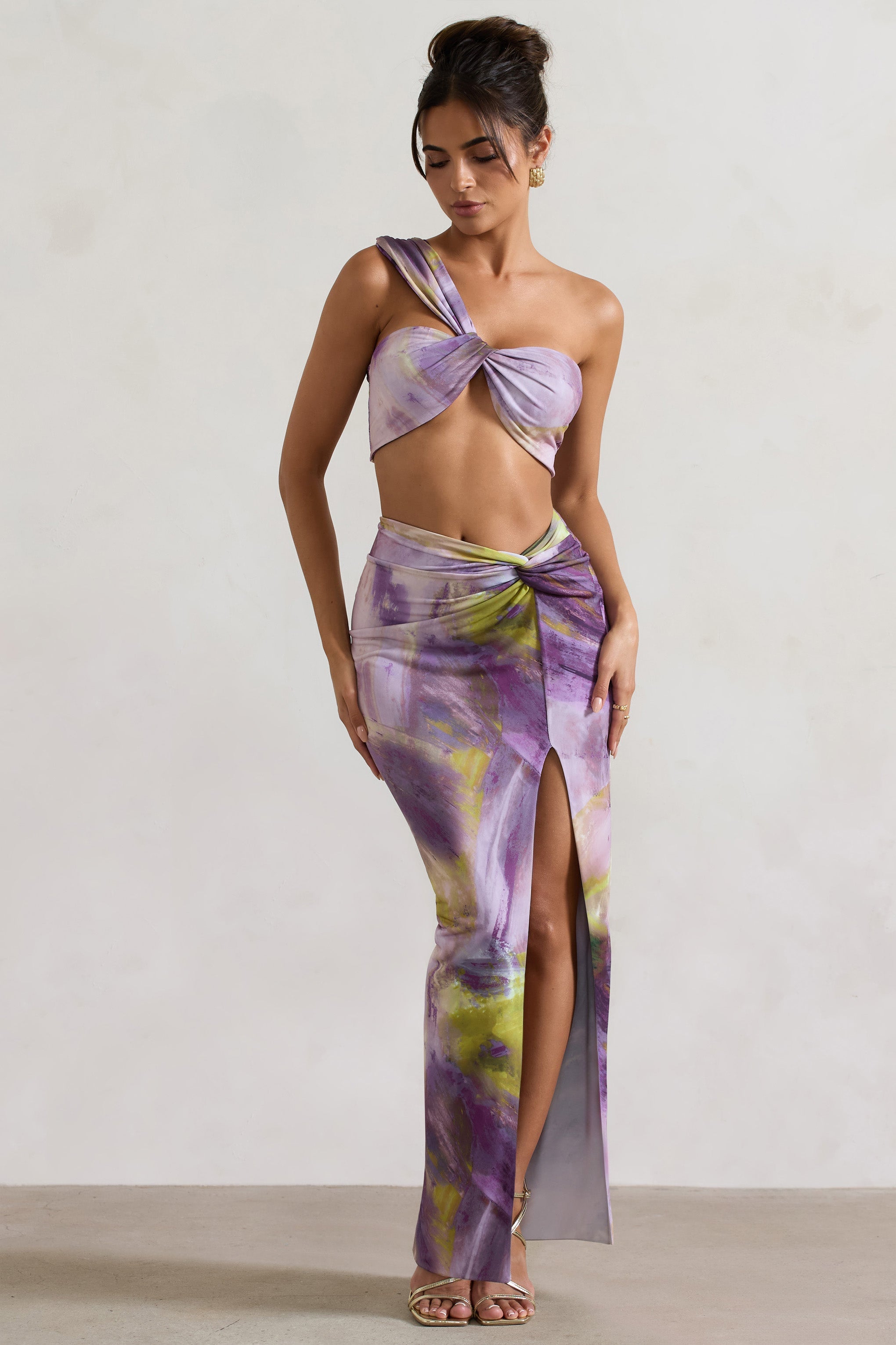 Tender Kiss Lilac Print Knot Split Maxi Skirt
