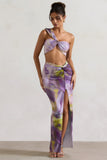 Tender Kiss Lilac Print Knot Split Maxi Skirt