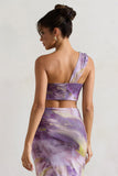 Open Heart Lilac Print Knot One Shoulder Bralette