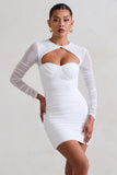 Daiquiri White Ruched Cut Out Mesh Mini Dress With Long Sleeves