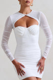 Daiquiri White Ruched Cut Out Mesh Mini Dress With Long Sleeves